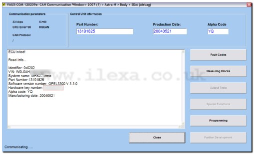 Screenshot showing module part number displayed in VAUX-COM