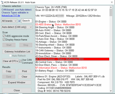 VCDS screen showing autoscan results