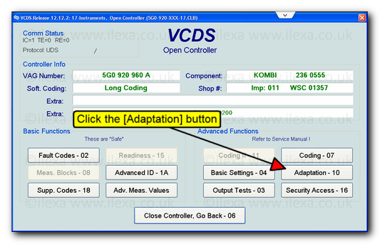 Screen shot of VCDS with arrow showing adaptation button