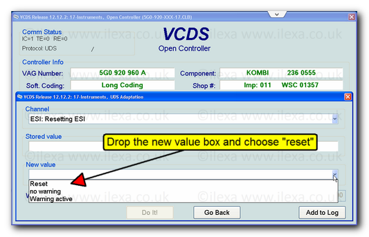 VCDS screenshot showing adaptation screen with arrow at new value box