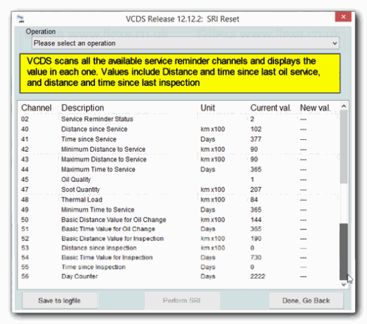 Image of VCDS screen showing Service Reset Channels