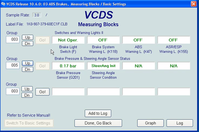 Shwows the live data measuring blocks for brake pressure sensor in VCDS for a Bosch MK60 ABS system