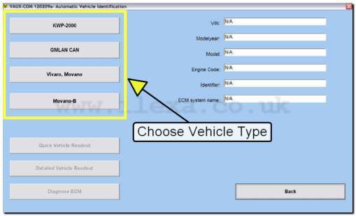 Screen Shot showing automatically detecting the year, model and engine code with VAUX-COM