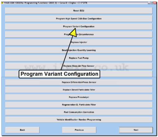 Screen shot showing VAUX-COM programming functions on a Corsa D Z17DTR ECM