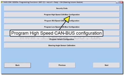 Screen shot showing high speed CAN-BUS configuration with VAUX-COM