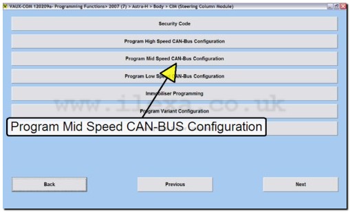 Screen shot showing Mid speed CAN-BUS configuration with VAUX-COM