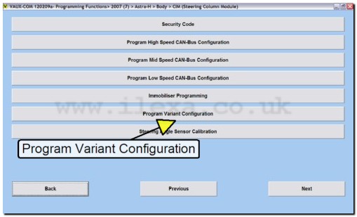 Screen shot showing VAUX-COM program variant configuration